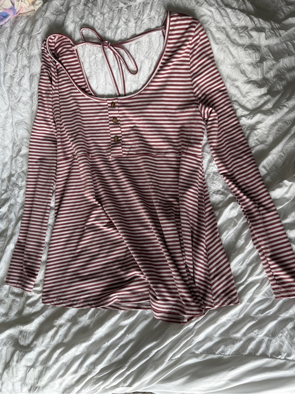 Maternity Striped Long-Sleeve Scoop Neck Top in Burgundy/White